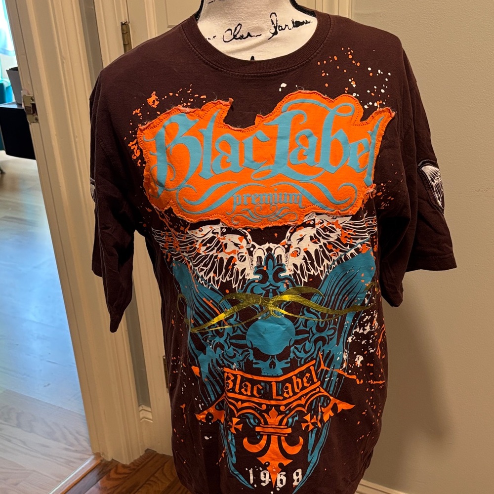 Black Label Men's Brown and Blue Graphic Tee